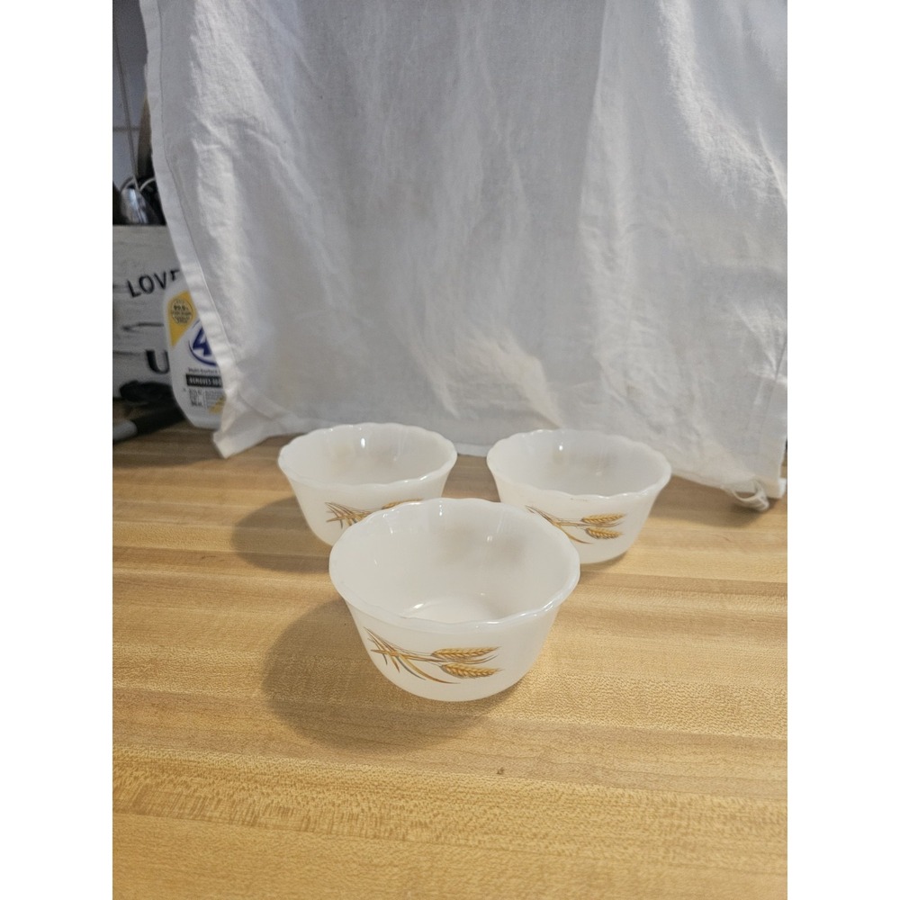 FIRE KING: milk glass, CUSTARD CUPS RAMEKINS, 6oz, #424, WHEAT DESIGN, Set of 3